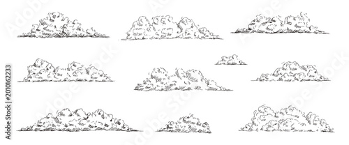 Sketch illustration of clouds with vintage pen lines. Hand-drawn sky elements with retro hatching. Windy cloud pen drawing. Vector doodles for artistic design projects and nature-themed graphics.