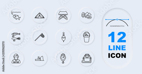 Fishing camping set icon. Line style icons display hooked fish, camping tent, folding table, mountain lake, bait lures, landing net, float bobber, catch bucket, ranger hat, fishing boat