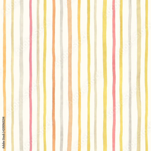 Bild auf Leinwand Watercolor stripes pattern on ivory background, seamless ornament of vertical stripes yellow, red, pink and coral colors