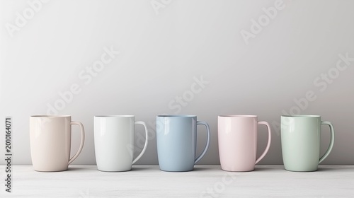 Set of pastel colored ceramic mugs on neutral background representing kitchenware product mockup for branding minimal lifestyle and drinkware concept.