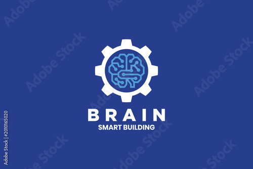 Brain Smart Building Vector Logo Design with Gear and Circuit Mind Icon on Blue Background