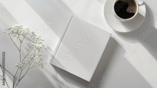 Closed white notebook with coffee and baby's breath flowers