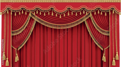 Quadro em tela Grand red theater curtain with ornate golden fringe and tassel embellishments is