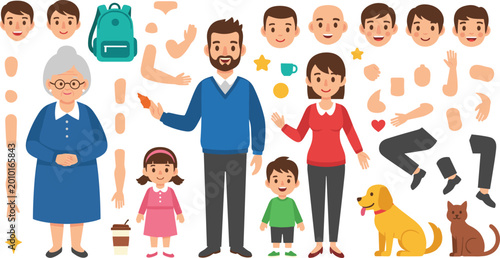 Εκτύπωση καμβά Family characters set with parents, kids, grandmother and pets, customizable bod