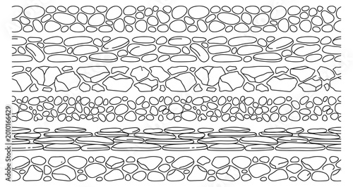 Bild auf Leinwand Minimalist outline vector seamless pattern set representing stones, pebbles, and natural rock textures