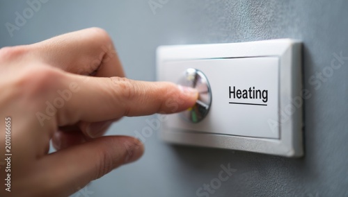 Close up of a finger adjusting a heating control dial on a wall.