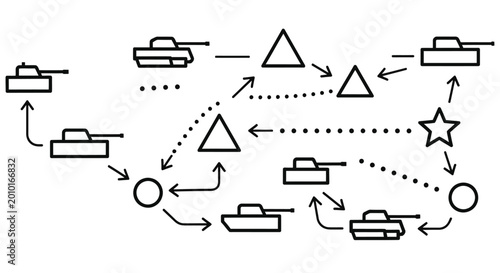 Bild auf Leinwand Schematic diagram illustrating military maneuvers with tanks triangles and other
