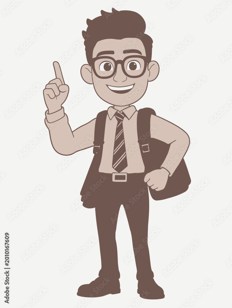 Fototapeta premium Cartoon Young Businessman Pointing Up With Backpack