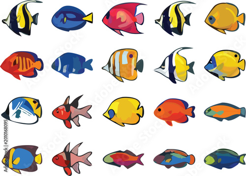 Bild auf Leinwand Tropical aquarium fish set with colorful reef species, exotic marine life cartoo