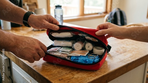 Closeup of two people opening a red first aid kit on a wooden kitchen counter