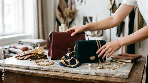 Woman arranging luxury handbags and accessories on a marble table