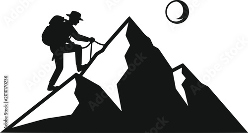 Foto Silhouette of a lone hiker climbing a steep mountain peak at sunset with backpack and hat, adventure and exploration theme