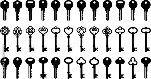 Modern and vintage key silhouettes arranged in rows, contrasting house and car keys with ornate antique designs