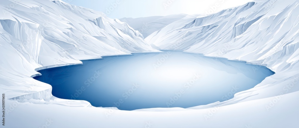 Fototapeta premium A Tranquil Frozen Lake Surrounded by Snowy Mountains in a Serene Winter Landscape