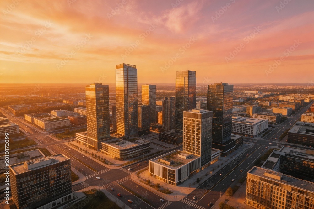 Fototapeta premium Aerial view of modern city skyline at sunset