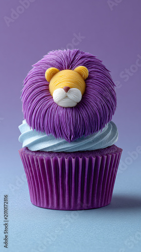 Delightful Lion Cupcake: A Creative Dessert Masterpiece Featuring Purple Frosting and Whimsical Design, Perfect for Celebrations and Special Events