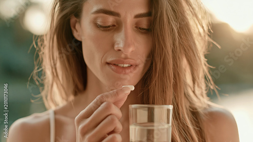 a woman with a pill and a glass of water