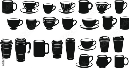 Cup and mug icons silhouette vector illustration featuring beverage motifs, decorative drinkware designs, abstract coffee patterns, and modern tea art