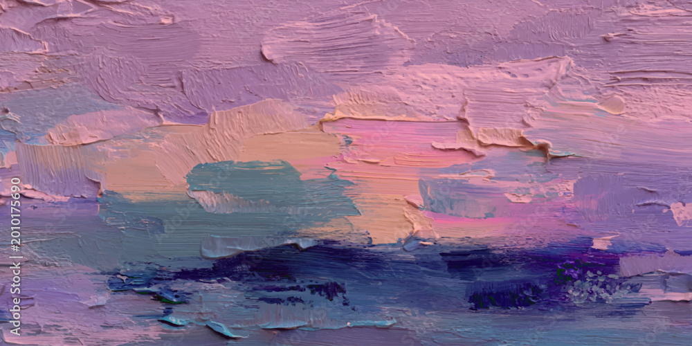 Naklejka premium An abstract watercolor painting of a scenic mountain landscape featuring a sunset sky over a desert valley with distant clouds and water