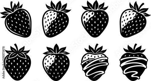 Eight stylized black-and-white strawberry illustrations arranged in two rows, showcasing varied seed patterns, leaf shapes, and decorative designs.