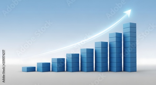 Blue bar graph with upward trend line 3d render on light background