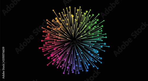 Vibrant rainbow colored firework explosion isolated on black background.
