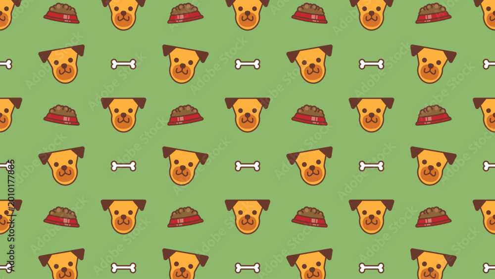 Obraz premium Bright green background with playful dog faces. Each dog wears a red hat and smiles cheerfully. White bones float between the smiling faces. Pattern repeats evenly across the entire design