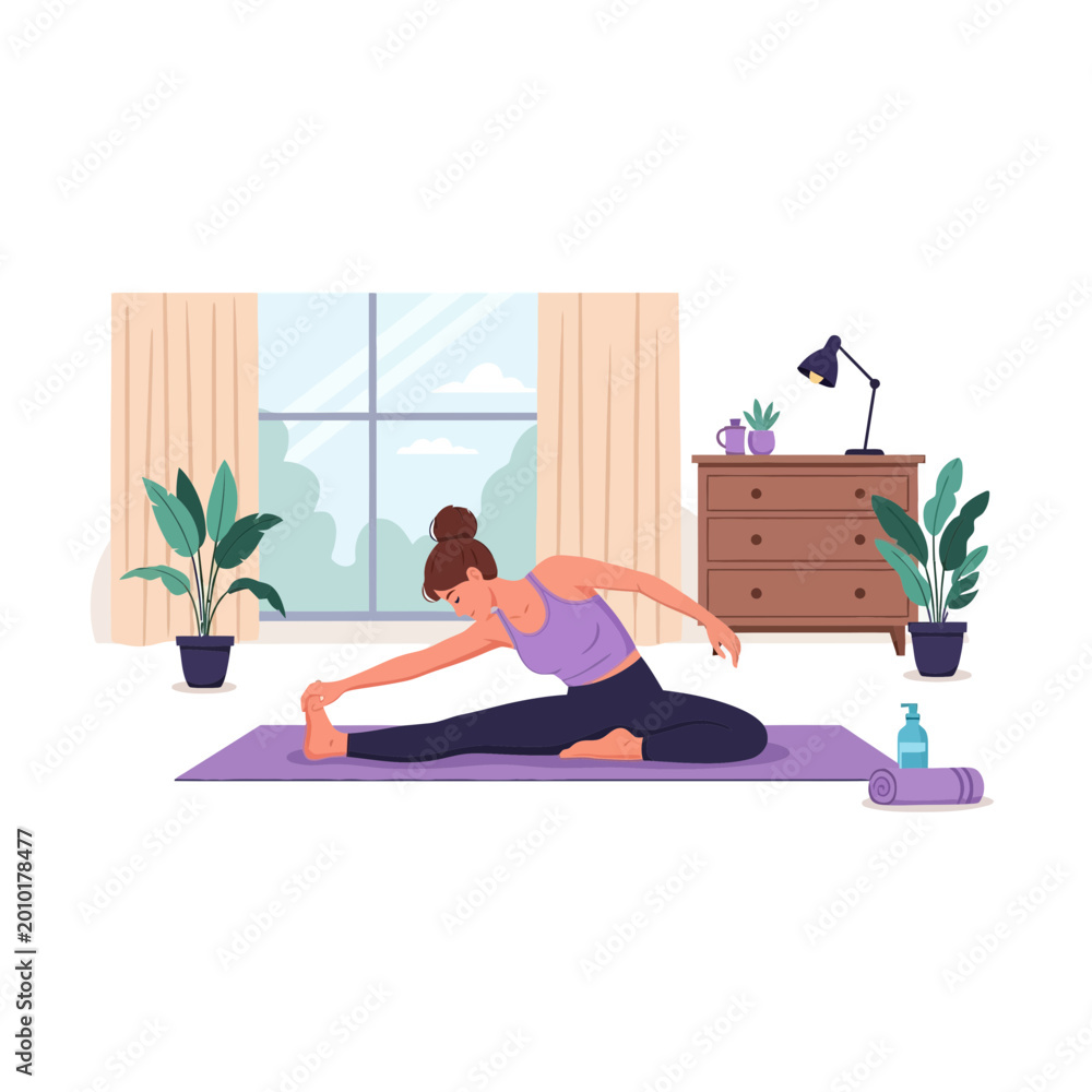 Obraz premium Woman practicing yoga stretch in a light filled room indoors