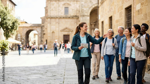 Smiling female tour guide leading a diverse group of tourists through a historic city square. Woman pointing at landmarks while holding a map on a sunny day. Travel and sightseeing concept