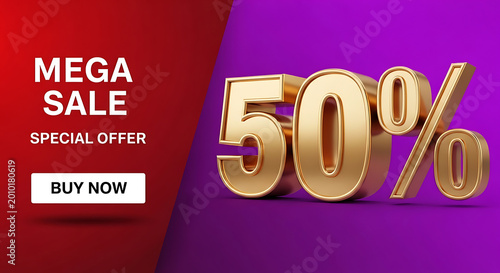 Mega Sale 50 Percent Off Special Offer with Buy Now Button, Golden Numbers on Purple Background