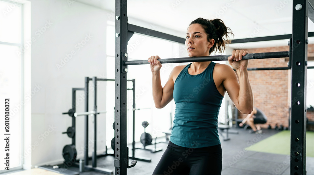 Fototapeta premium Strong woman doing chin-ups on a bar in a gym. Focused female athlete performing upper body strength training exercises. Fitness and workout concept