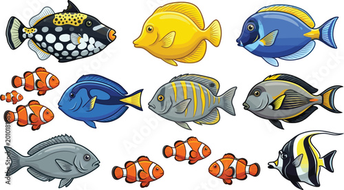 Tableau sur toile Tropical reef fish vector set, colorful salt water aquarium collection, clownfis