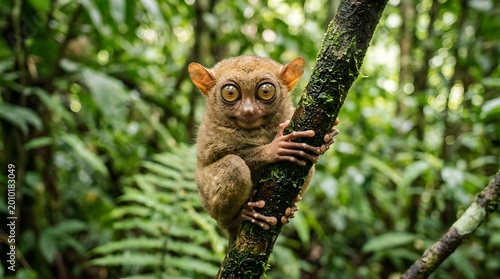 Tarsier Clings to Mossy Branch in Tropical Forest Bohol Philippines