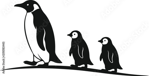 Obraz na płótnie Penguin family father and two chicks standing on branch black and white silhouette line art