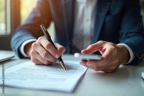 Close-Up of Businessman Signing Contract Digitally with Smartphone: Focus on Electronic Signature Process
