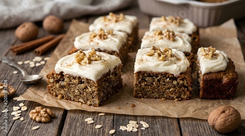 Walnut Cake Slices with Cream Cheese Frosting on Rustic Wooden Tabletop