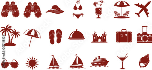 Travel accessories and beach vacation icons for summer holidays and tropical tourism set.
