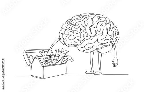 Obraz na plátne Brain character with legs and arms accessing a toolbox with tools problem solvin