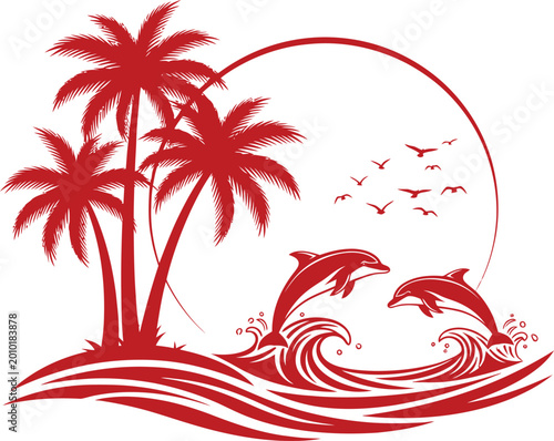 Tropical beach scene with palm trees dolphins and sunset horizon vector illustration set.