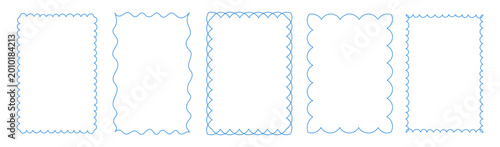 Set of blue wavy and scalloped rectangular frames, vector hand drawn line art borders for greeting cards and certificates