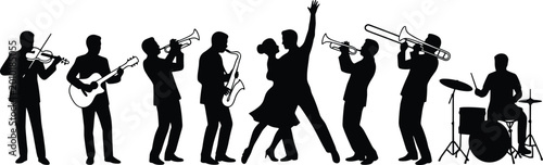 Musical band icons silhouette vector illustration featuring performance motifs, decorative rhythm designs, abstract entertainment patterns, and modern people art