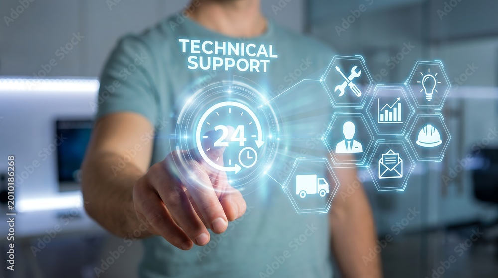 Obraz premium Professional touching a 24 7 technical support hologram interface with repair and logistics icons for customer service and infrastructure maintenance management in modern office space