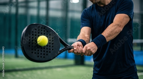 photo of the movement of deflecting the ball using a racket in the sport of padel made by AI generative