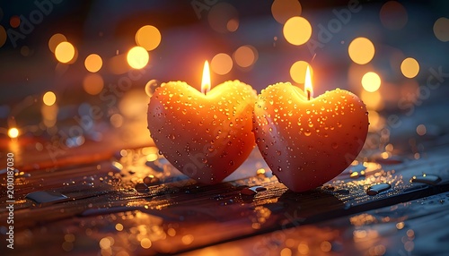 Close-up of two heart-shaped candles with water droplets on a wooden surface, blurred warm bokeh in background