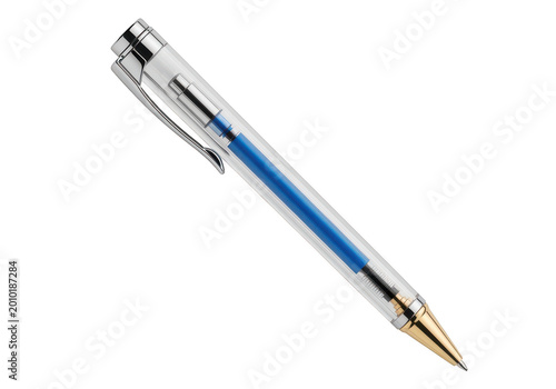 Elegant blue retractable ballpoint pen with metallic tip isolated on transparent background