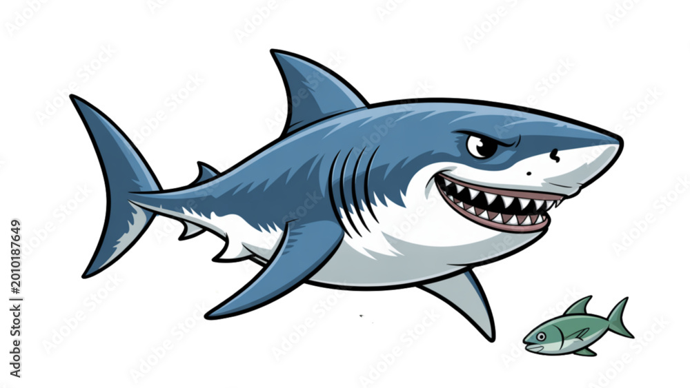 Fototapeta premium Cartoon shark swimming with a small fish in water Vector
