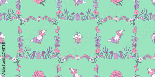 Tableau sur toile A goose in pants and pink peonies on green