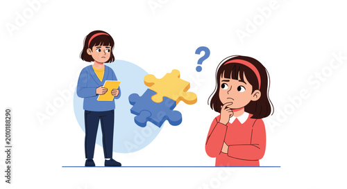 Two young girls look thoughtful and confused while trying to solve a puzzle represented by floating blue and yellow pieces.