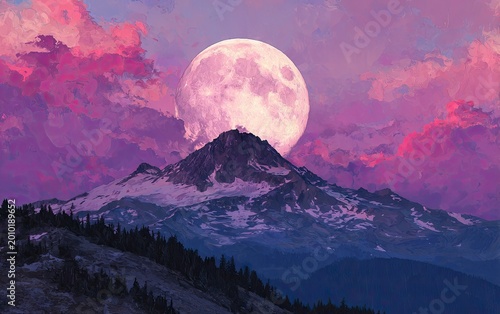 Full Moon Rising Over Majestic Snow-Capped Mountain Peak at Twilight with Vibrant Pink and Purple Sky.