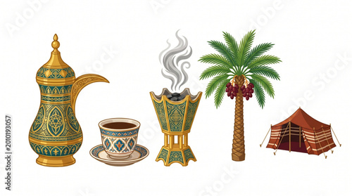 Arabian culture symbols set Dallah coffee pot, cup, Mabkhara incense burner, date palm, and desert tent for Middle Eastern heritage